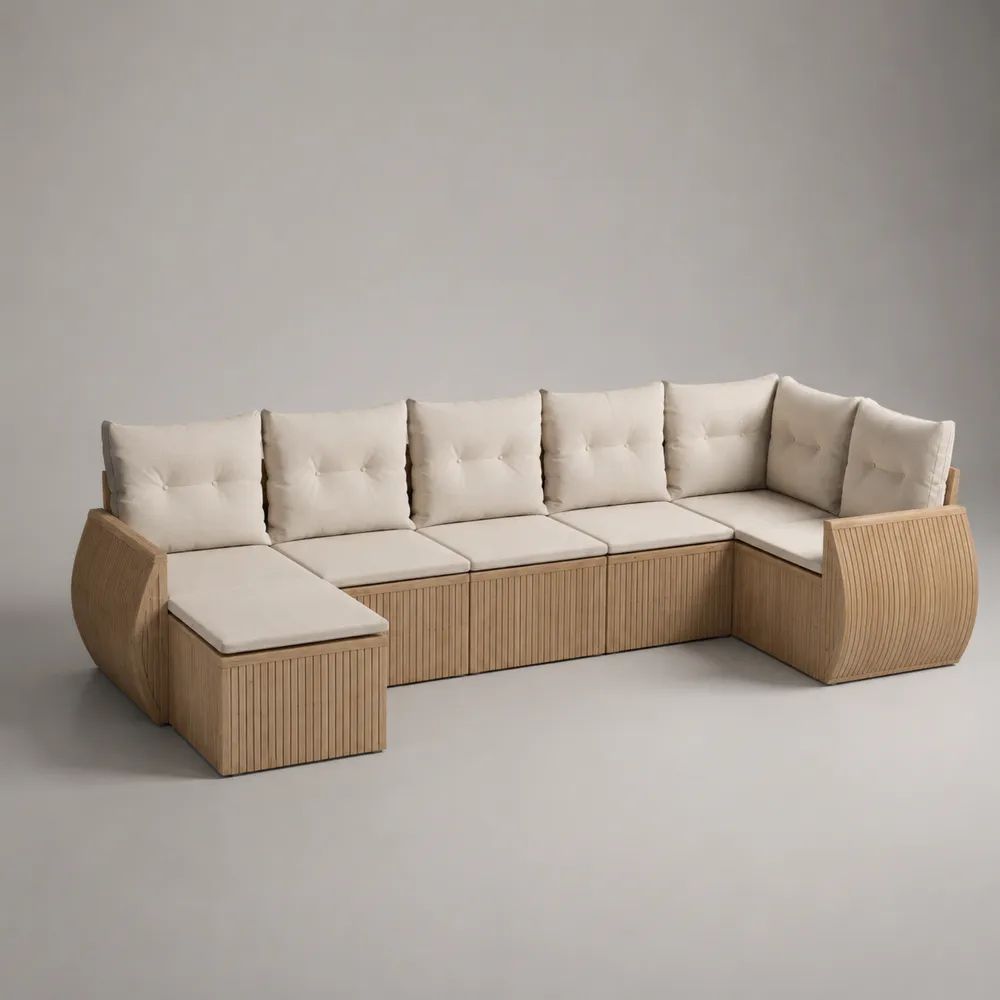 Divano da giardino modulare a U a 6 posti in legno massello di acacia con cuscini beige, 300 x 160 x 82 cm