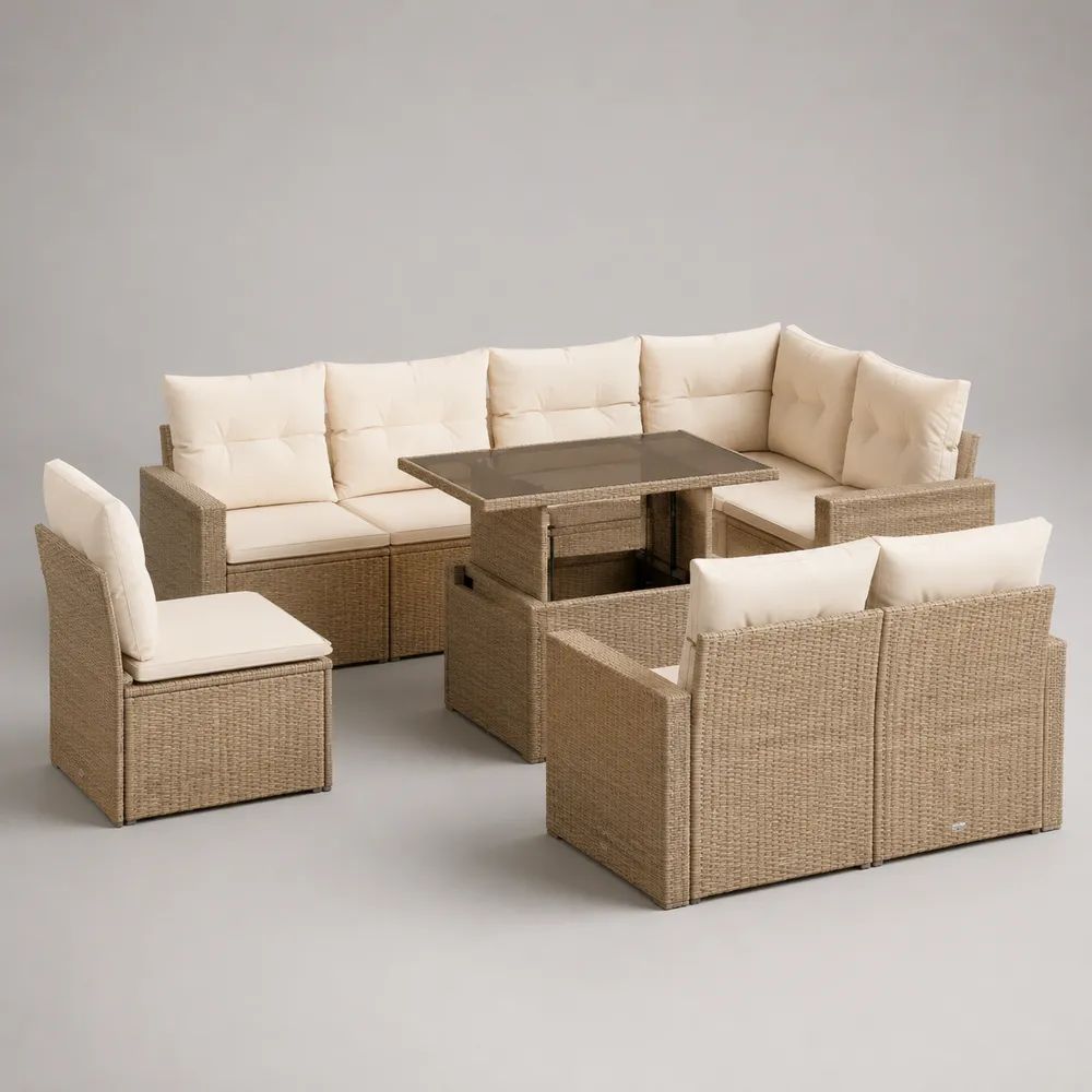 Salotto da giardino 8 posti in rattan PE tortora con cuscini crema e tavolo elevabile, 270 x 220 x 74 cm