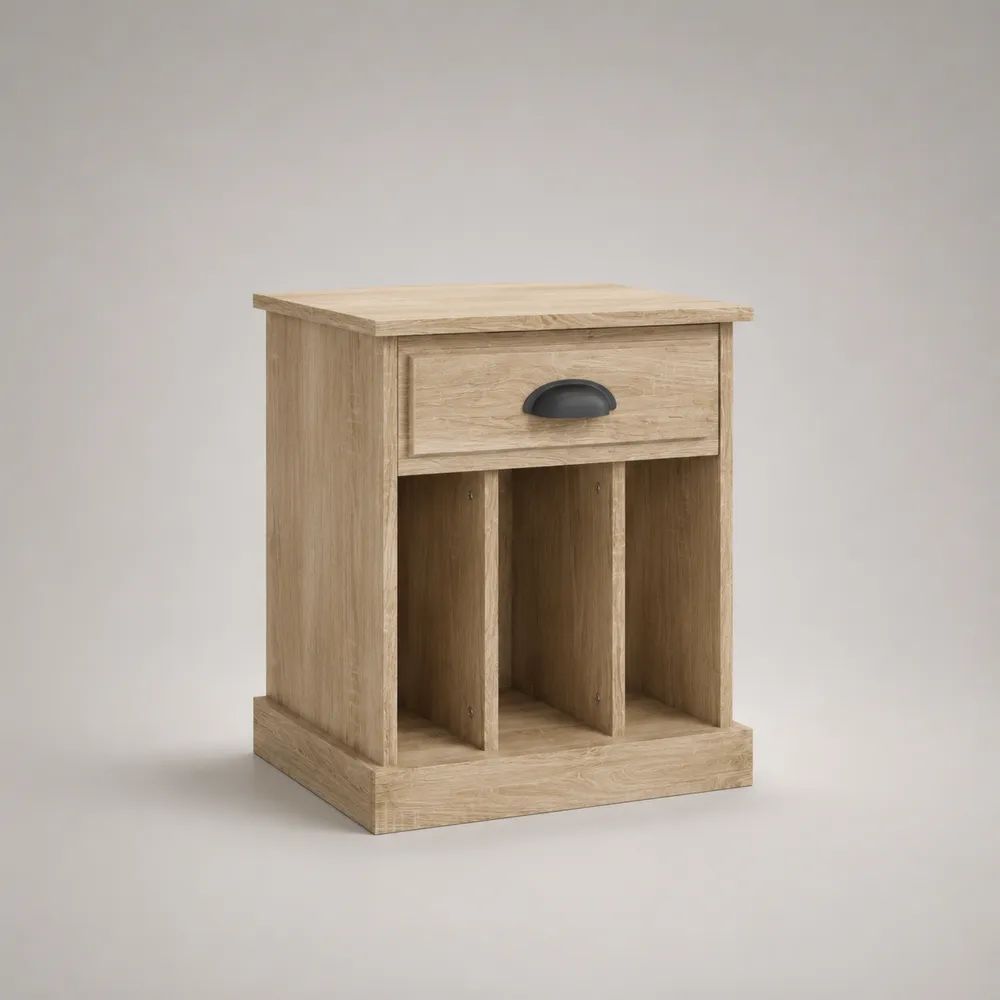 Comodino rettangolare in pannello truciolare melaminico con cassetto e 3 vani, rovere chiaro e nero, 50 × 35 × 60 cm