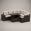 Set salotto da giardino per esterni a 9 posti in polyrattan PE marrone scuro con cuscini beige e tavolo rettangolare, 234 x 176 x 86 cm