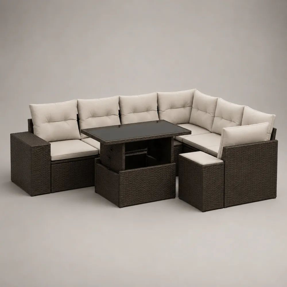 Set salotto da giardino per esterni a 9 posti in polyrattan PE marrone scuro con cuscini beige e tavolo rettangolare, 234 x 176 x 86 cm