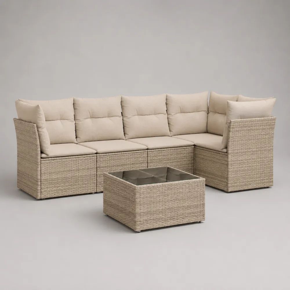 Set salotto da esterno 5 pezzi in rattan PE beige e crema, divano angolare 242 x 180 x 84 cm con tavolino 70 x 70 x 42 cm