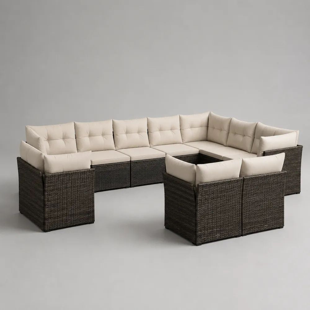 Salotto da giardino modulare a U 10 posti in rattan PE marrone scuro con cuscini beige, 280 x 210 x 68 cm