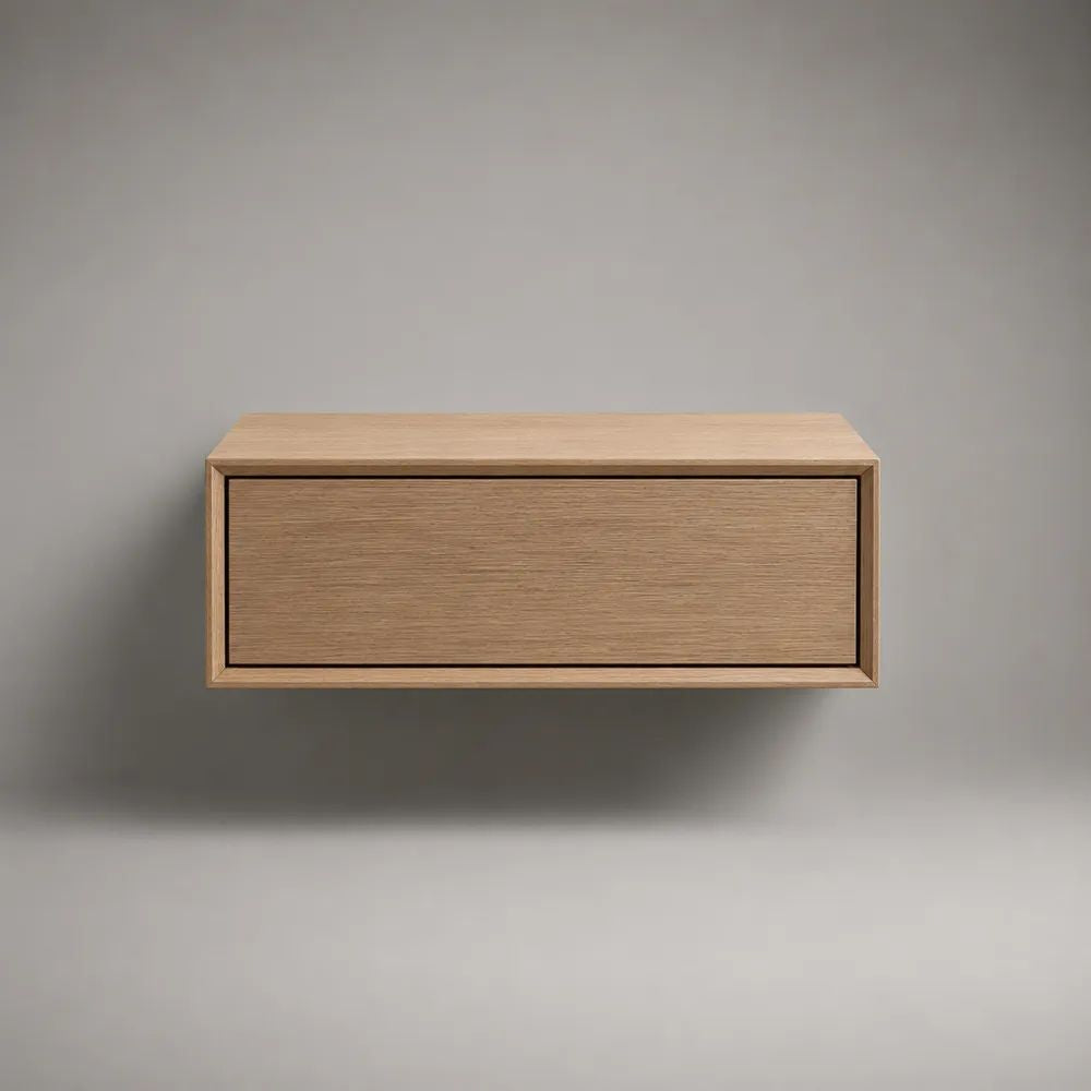 Comodino sospeso rettangolare in MDF impiallacciato rovere naturale con 1 cassetto, 60 × 35 × 25 cm