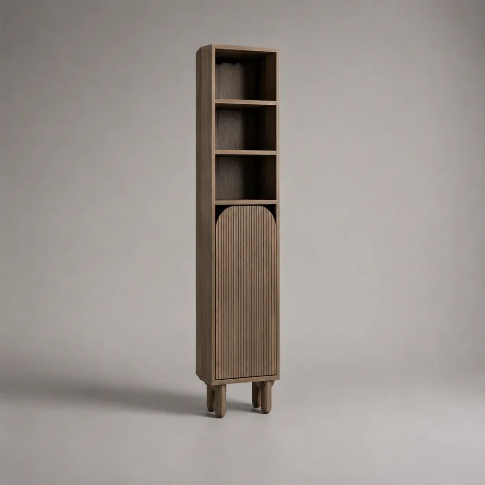 Mobile a colonna contenitore e libreria stretta in MDF effetto noce con 3 vani aperti e anta scanalata, 40 x 30 x 180 cm