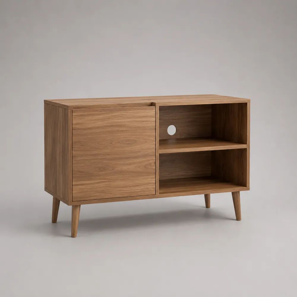 Mobile contenitore rettangolare in legno con 1 anta, 2 vani aperti e passacavi, marrone noce, 100 x 40 x 75 cm