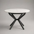 Tavolo rotondo allungabile in ceramica e MDF con gambe in acciaio, bianco, nero e grigio, 120-160 × 120 × 76 cm