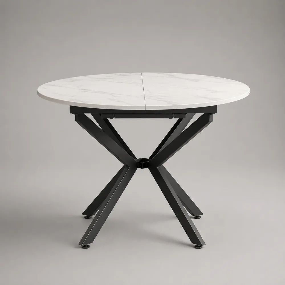 Tavolo rotondo allungabile in ceramica e MDF con gambe in acciaio, bianco, nero e grigio, 120-160 × 120 × 76 cm