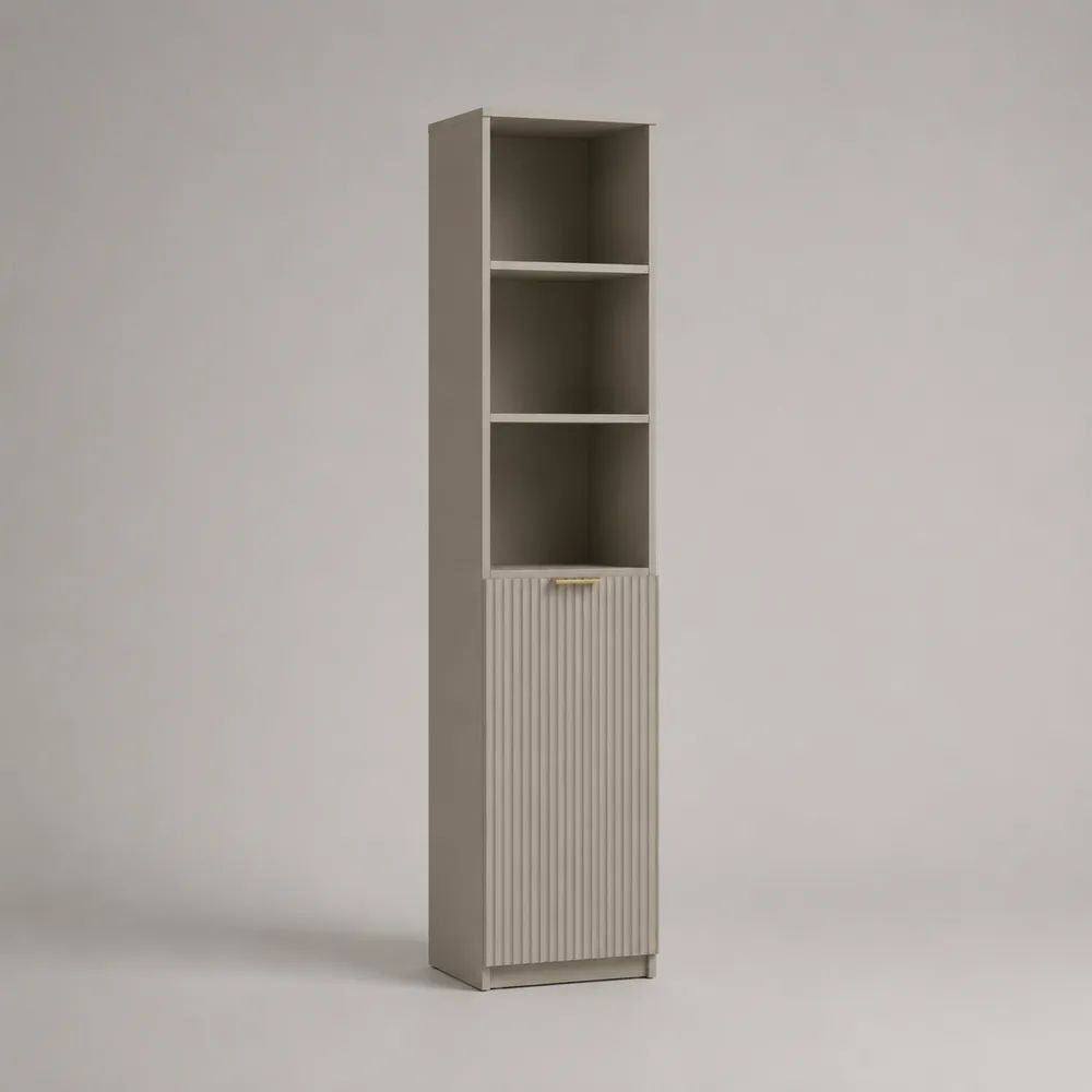 Mobile colonna rettangolare in MDF e truciolare melaminico con 3 vani aperti e anta scanalata, tortora e beige, 45 x 35 x 180 cm