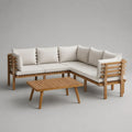 Set salotto da giardino angolare a L 4 posti in legno con cuscini crema e tavolino, 200 × 200 × 76 cm