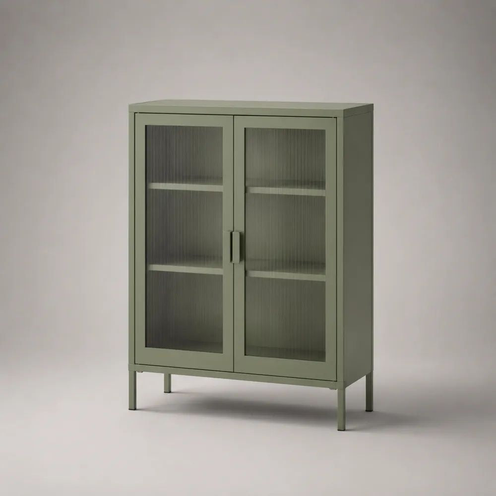 Credenza alta in acciaio con 2 ante in vetro scanalato e 2 ripiani, verde salvia, 80 x 35 x 120 cm