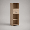 Mobile colonna alto e stretto in legno con 2 cassetti e 3 vani aperti, rovere chiaro e nero, 45 x 40 x 160 cm