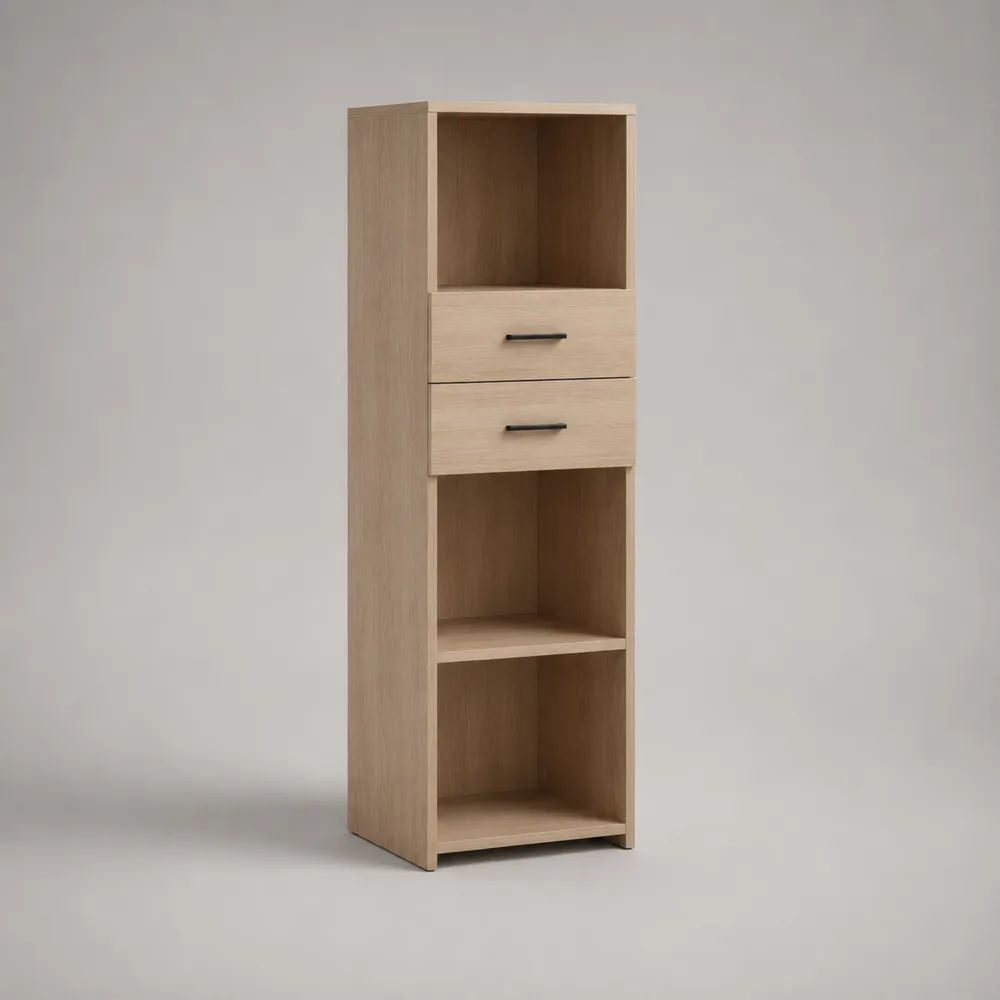 Mobile colonna alto e stretto in legno con 2 cassetti e 3 vani aperti, rovere chiaro e nero, 45 x 40 x 160 cm