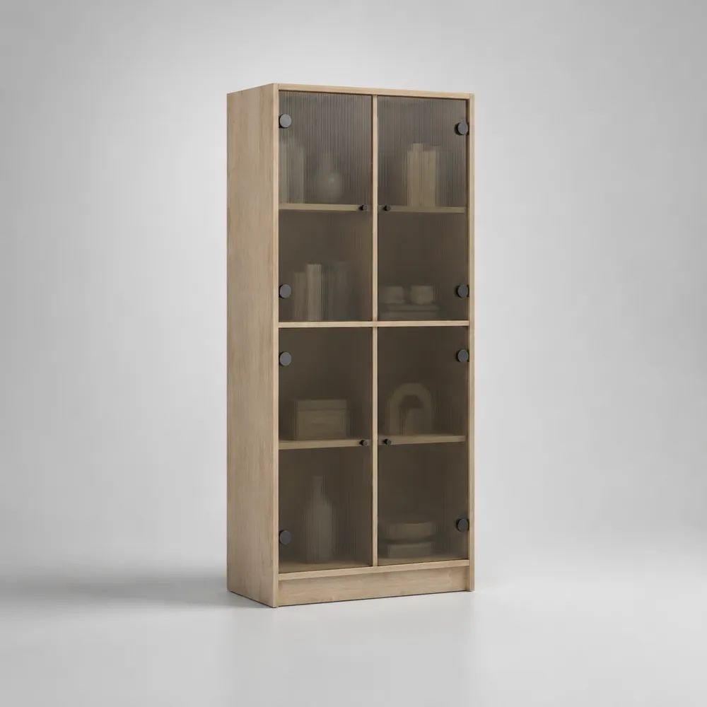 Vetrina alta da interno in legno con 4 ante in vetro scanalato fumé, rovere naturale, 80 x 35 x 180 cm