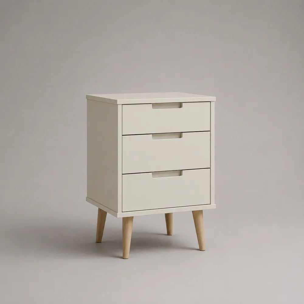Comodino rettangolare in legno con 3 cassetti, bianco opaco e pino naturale, 40 × 35 × 60 cm