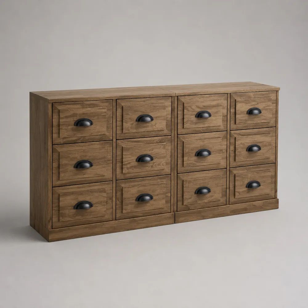 Credenza in legno con 12 cassetti, marrone e nero, 160 x 40 x 85 cm