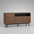 Credenza rettangolare a 3 ante con vano aperto in MDF impiallacciato noce e acciaio nero, 150 x 40 x 85 cm, marrone noce/nero