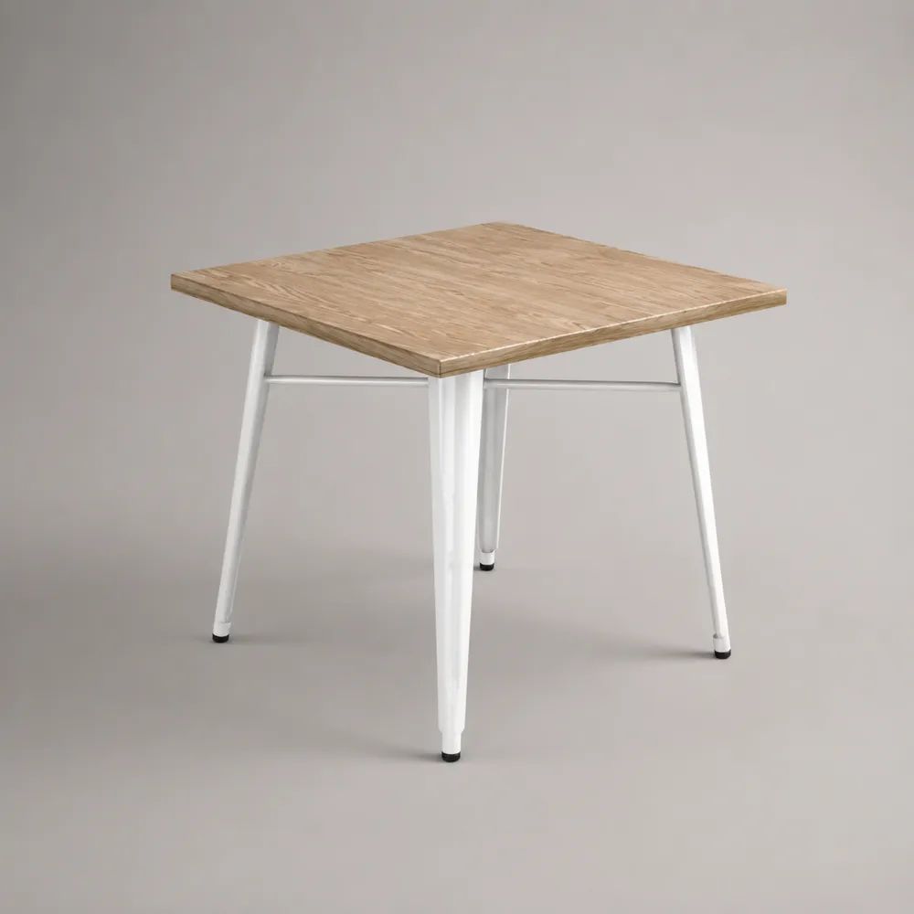 Tavolo da pranzo quadrato in MDF impiallacciato rovere con gambe in acciaio bianco, 80 x 80 x 75 cm