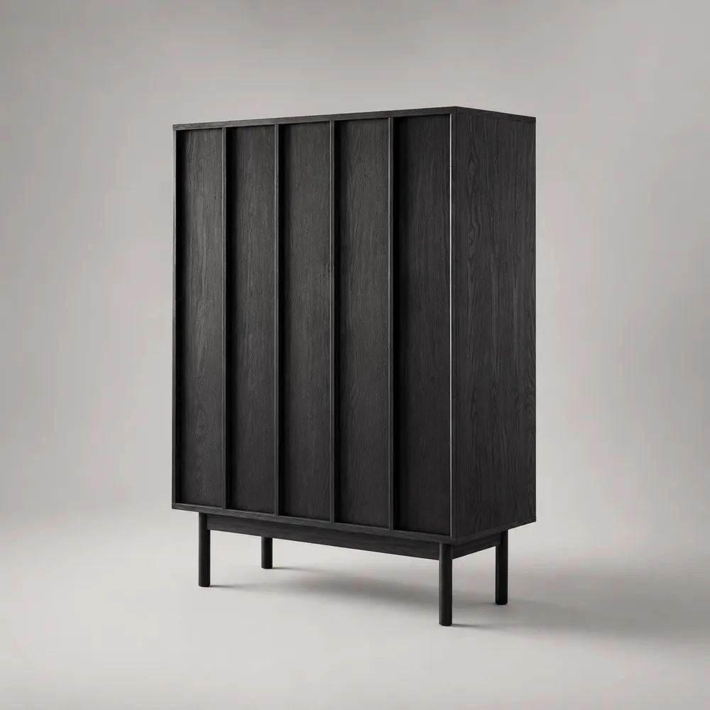 Credenza alta rettangolare a 5 ante in MDF e truciolare melaminico nero, 120 × 40 × 150 cm