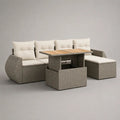 Set salotto da giardino 6 pezzi 5 posti in rattan PE grigio con cuscini crema e tavolo in legno 120 × 60 × 67 cm