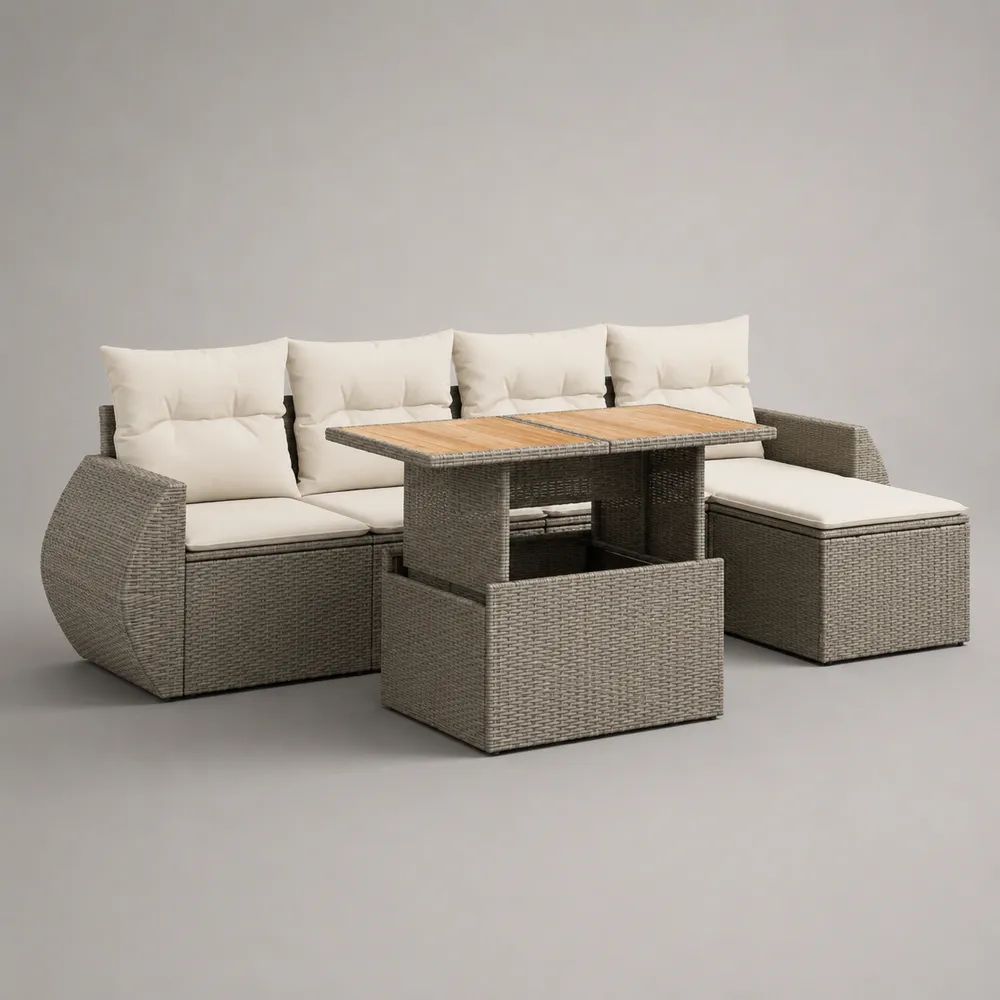 Set salotto da giardino 6 pezzi 5 posti in rattan PE grigio con cuscini crema e tavolo in legno 120 × 60 × 67 cm