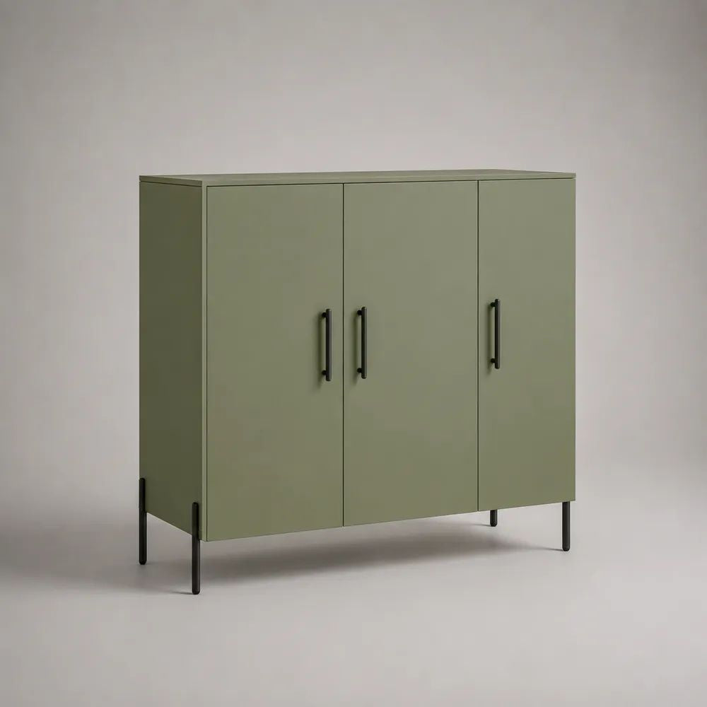 Credenza alta rettangolare in acciaio verde oliva e nero con 3 ante, 120 x 40 x 100 cm