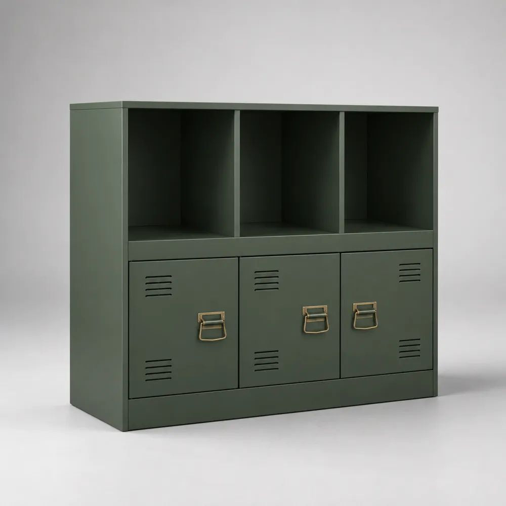 Credenza rettangolare in acciaio con 3 ante e 3 vani aperti, verde oliva, 120 x 40 x 100 cm