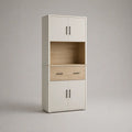 Credenza alta da cucina in legno con 4 ante, 1 cassetto e vano a giorno, bianco e rovere naturale, 80 × 40 × 180 cm