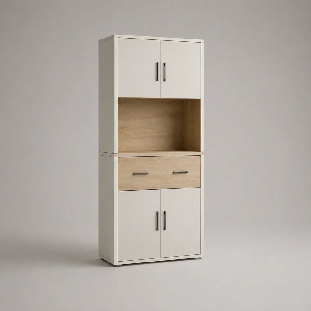 Credenza alta da cucina in legno con 4 ante, 1 cassetto e vano a giorno, bianco e rovere naturale, 80 × 40 × 180 cm