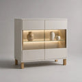 Credenza vetrina da soggiorno in MDF e vetro con 4 ante e illuminazione LED, bianco opaco e rovere naturale, 120 × 40 × 135 cm