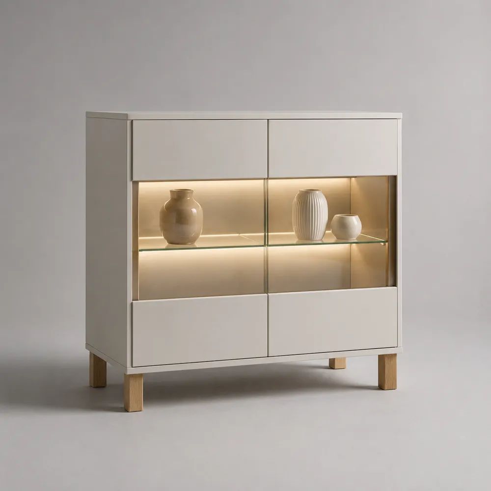 Credenza vetrina da soggiorno in MDF e vetro con 4 ante e illuminazione LED, bianco opaco e rovere naturale, 120 × 40 × 135 cm