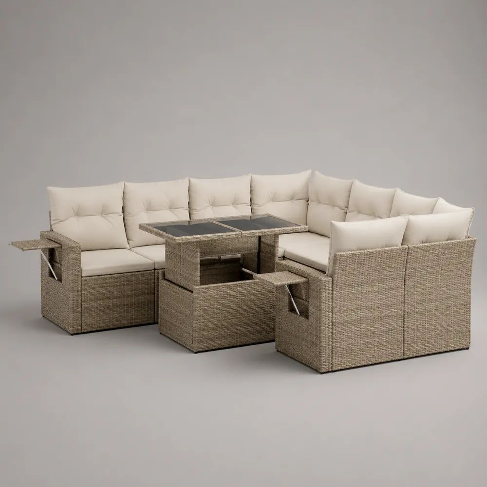 Set divano angolare da giardino 9 posti in polyrattan PE tortora e beige chiaro con tavolo elevabile nero, 240 x 180 x 88 cm