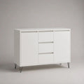 Credenza rettangolare in legno bianco e metallo nero con 2 ante e 3 cassetti, 120 x 40 x 90 cm