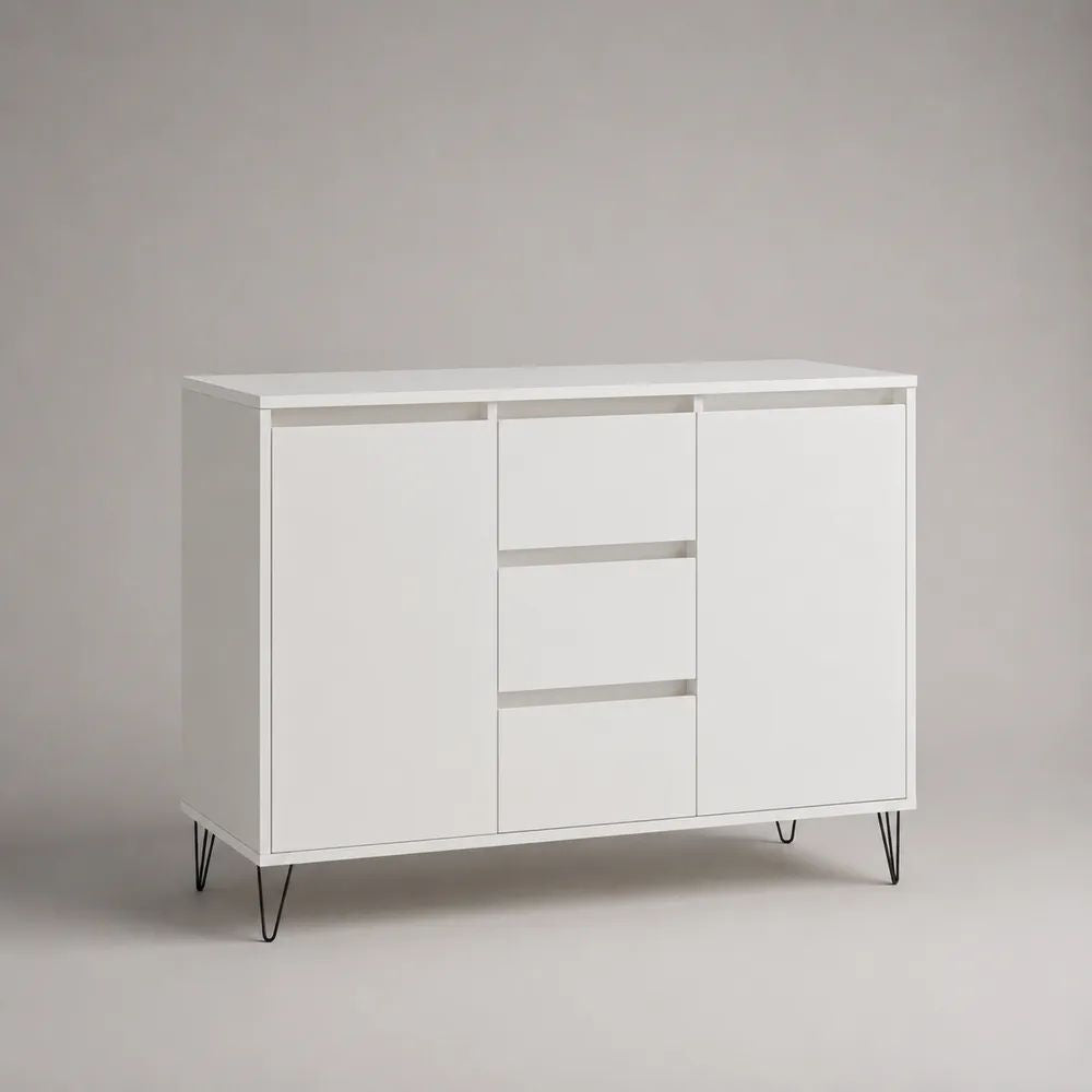 Credenza rettangolare in legno bianco e metallo nero con 2 ante e 3 cassetti, 120 x 40 x 90 cm