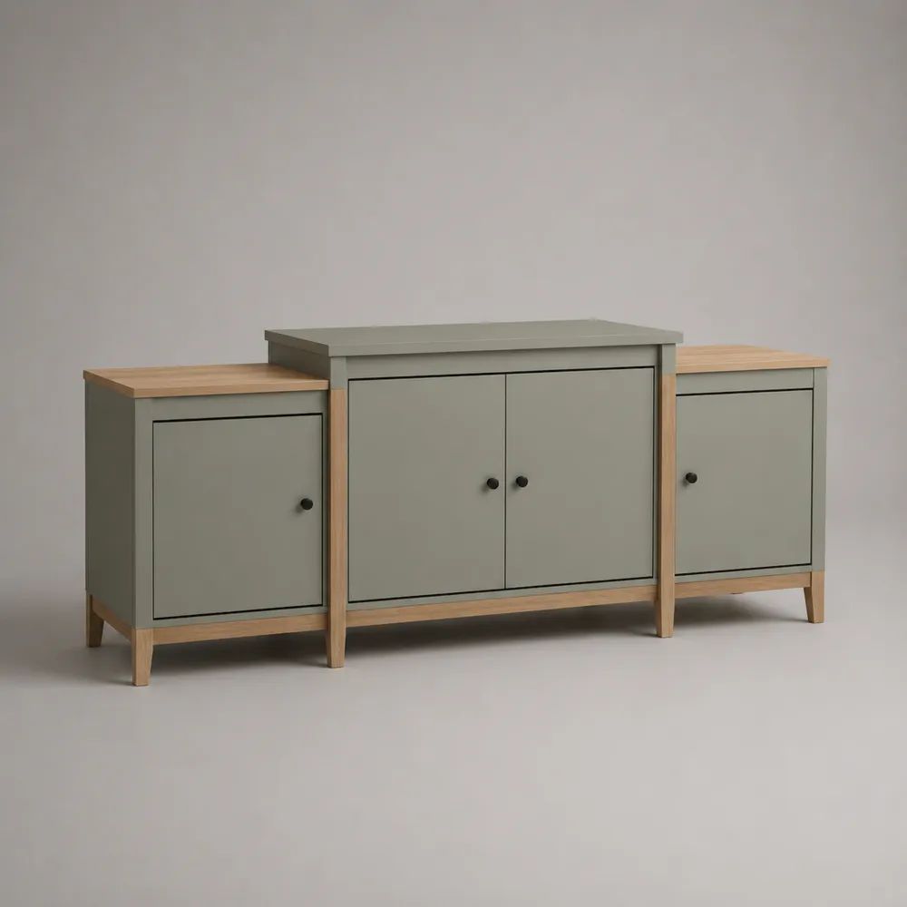 Credenza rettangolare a 4 ante in MDF impiallacciato rovere, grigio salvia e rovere naturale, 180 x 40 x 85 cm