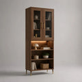 Credenza alta in MDF effetto noce marrone con vetrina, 2 ante in vetro, illuminazione LED e 4 ripiani, 80 x 40 x 190 cm