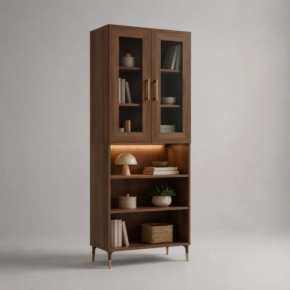 Credenza alta in MDF effetto noce marrone con vetrina, 2 ante in vetro, illuminazione LED e 4 ripiani, 80 x 40 x 190 cm