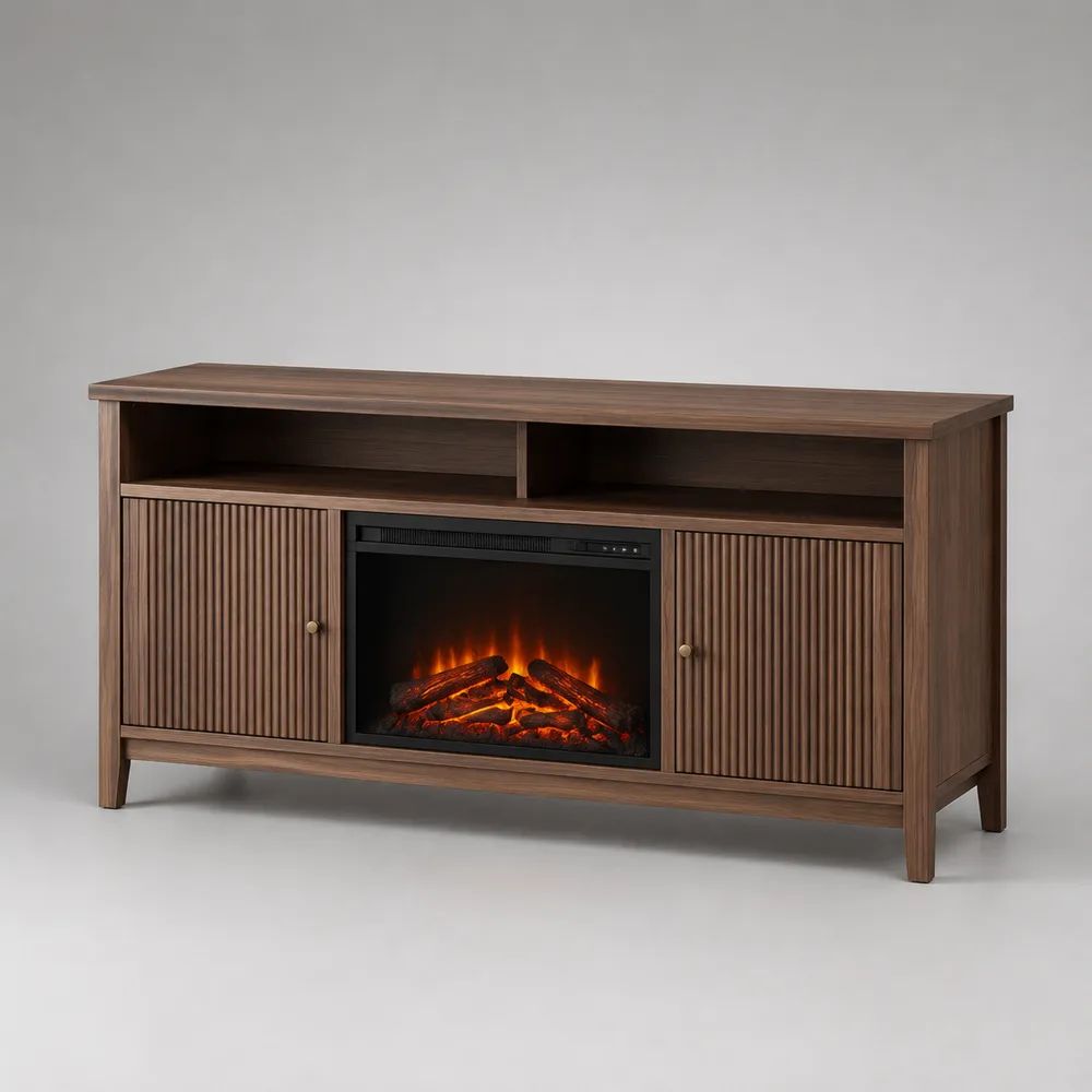 Credenza rettangolare con camino elettrico in MDF impiallacciato, marrone noce/nero/ottone, 152 x 40 x 85 cm