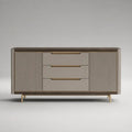 Credenza rettangolare in legno e metallo con 2 ante e 3 cassetti, greige, marrone noce e oro, 160 x 40 x 85 cm