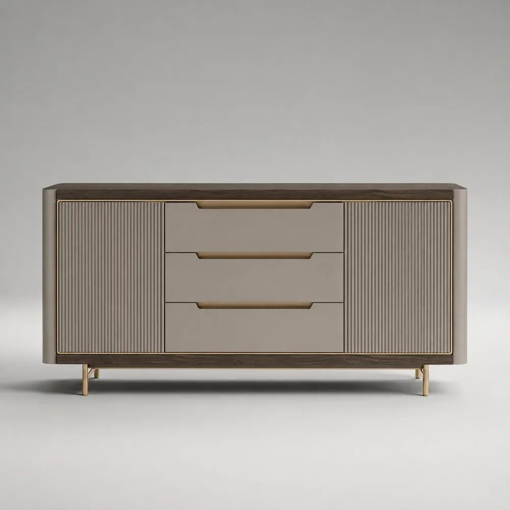 Credenza rettangolare in legno e metallo con 2 ante e 3 cassetti, greige, marrone noce e oro, 160 x 40 x 85 cm