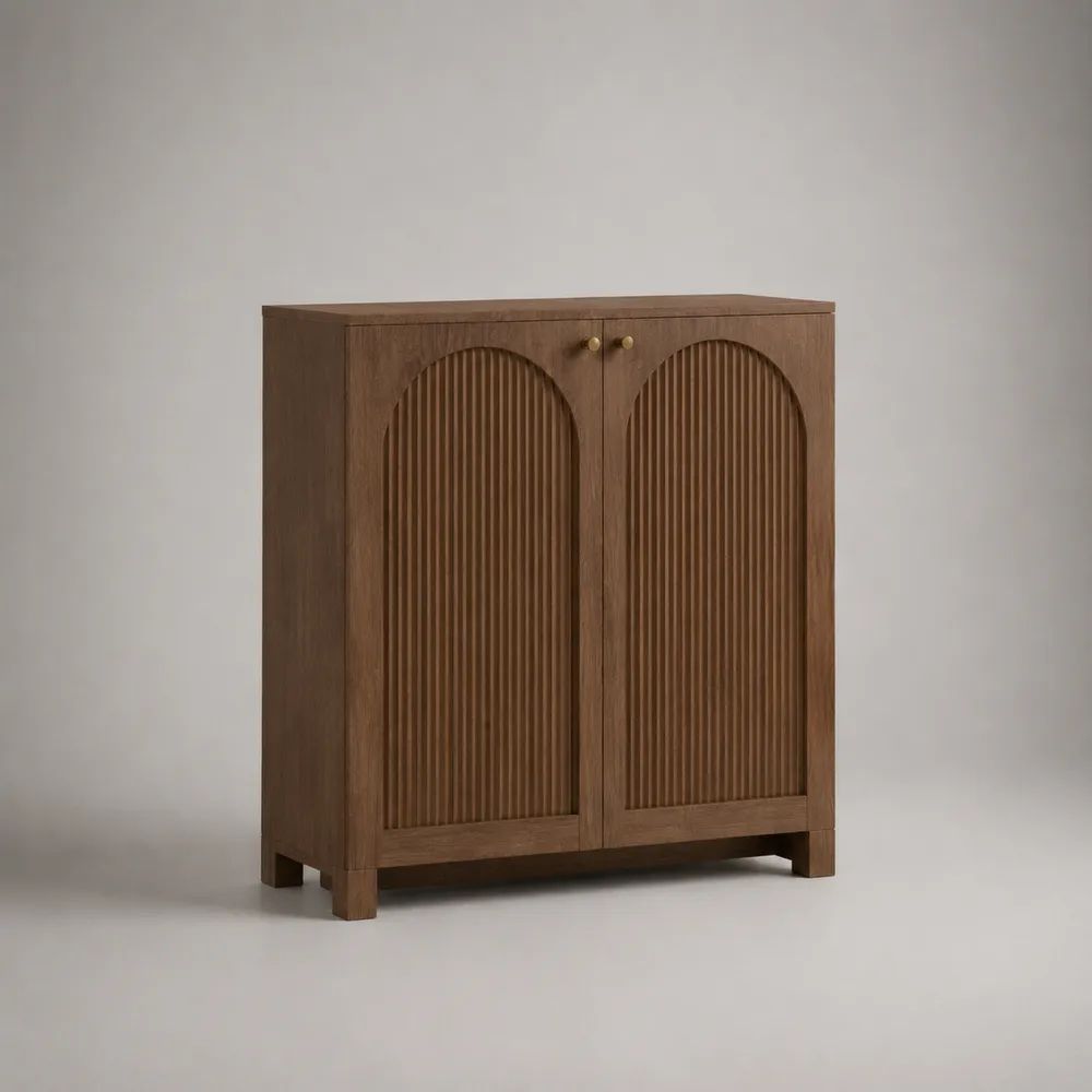 Credenza alta a 2 ante in MDF impiallacciato e legno massello, marrone noce, con frontali scanalati ad arco, 90 x 40 x 100 cm