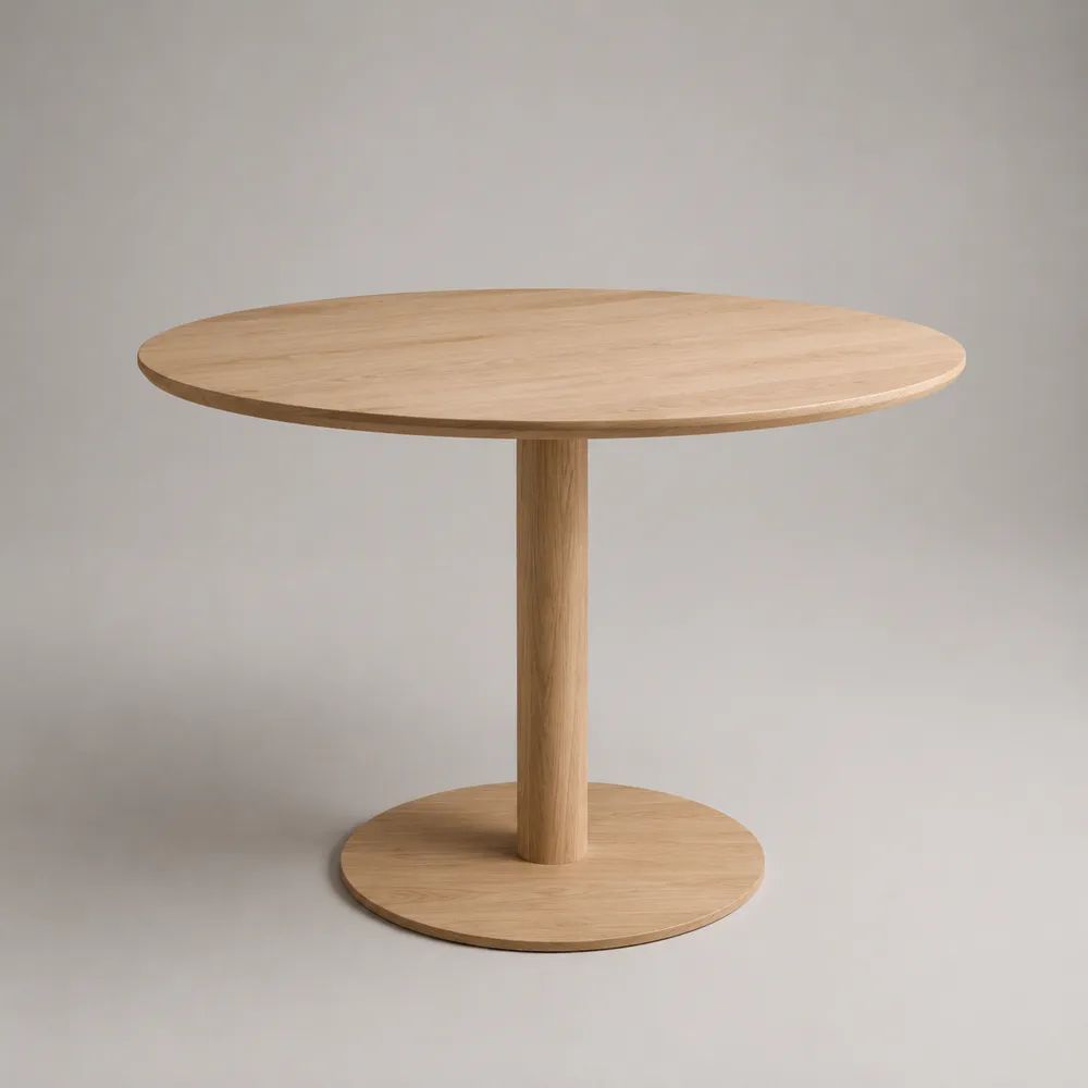 Tavolo da pranzo rotondo in MDF impiallacciato rovere naturale con piedistallo centrale, Ø 110 × H 75 cm