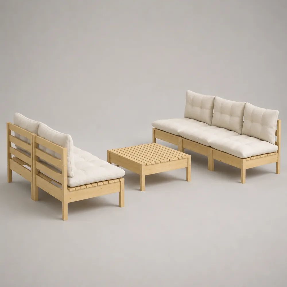 Set salotto da giardino 3 pezzi in legno con cuscini crema, divano 2 posti 137 x 69 x 65 cm, divano 3 posti 199 x 69 x 65 cm e tavolino 70 x 70 x 35 cm