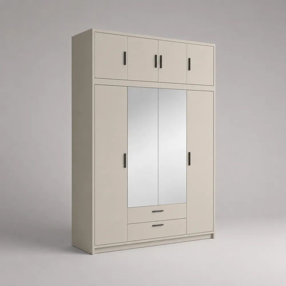 Armadio guardaroba a 8 ante con 2 specchi e 2 cassetti in pannello truciolare melaminico beige, 160 x 52 x 220 cm