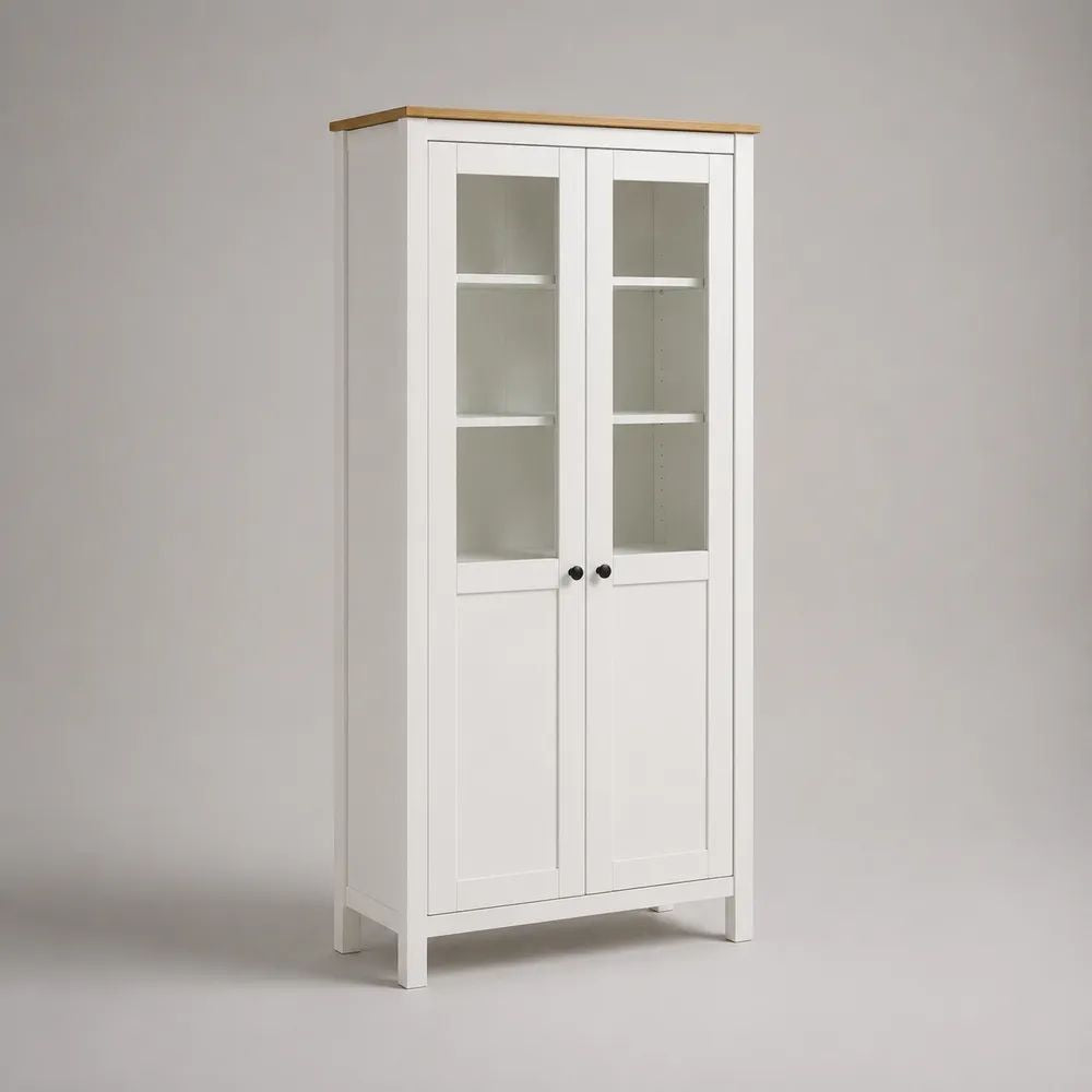 Vetrina rettangolare a 2 ante in MDF e vetro, bianco e rovere, 80 x 35 x 180 cm