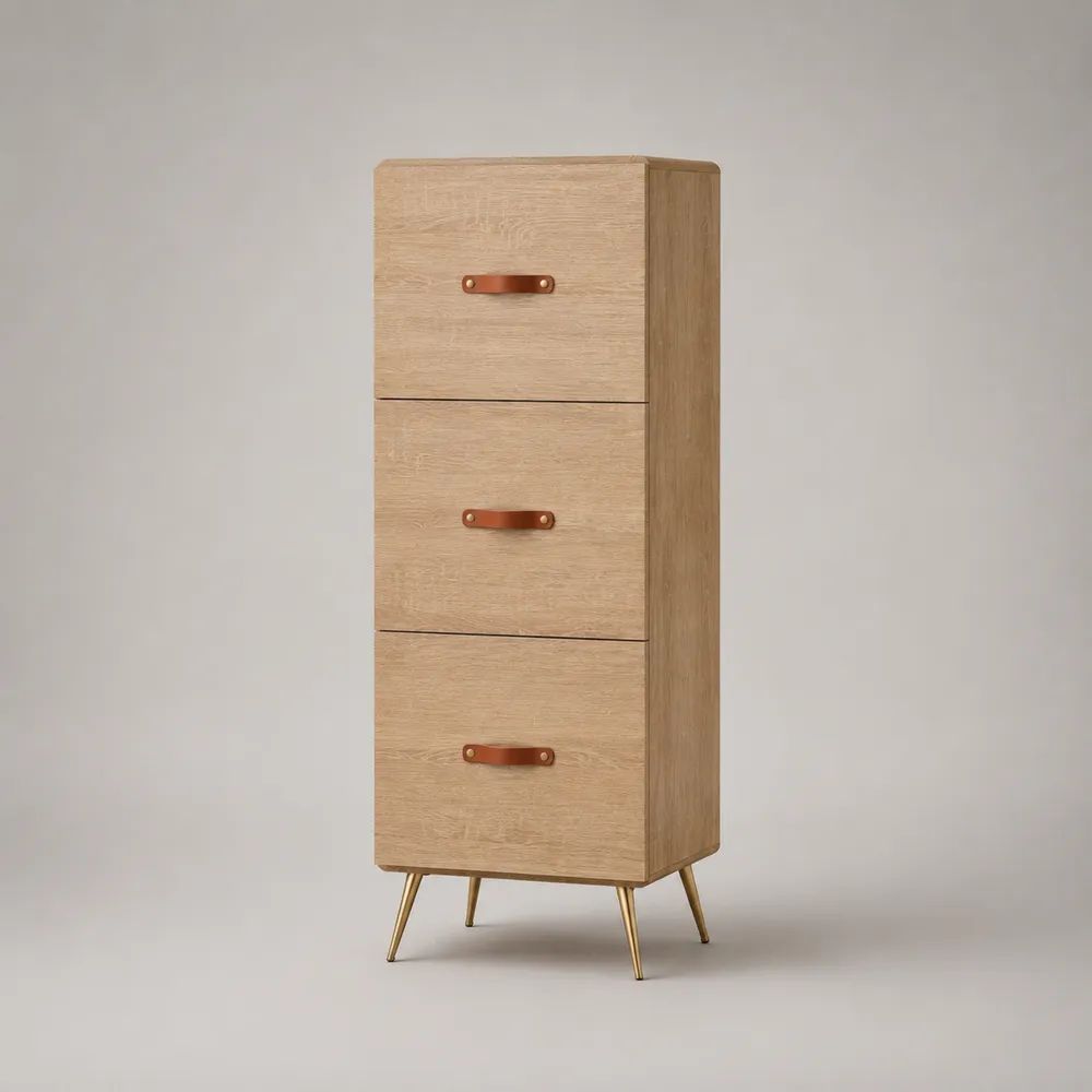 Cassettiera alta rettangolare a 3 cassetti in legno con gambe in acciaio, rovere naturale e oro, 45 x 35 x 120 cm