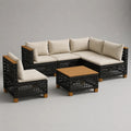 Set salotto da giardino 5 posti in polyrattan PE nero e legno di acacia con cuscini beige, divano angolare 210 x 140 x 65 cm, poltrona 70 x 70 x 65 cm e tavolino 70 x 70 x 35 cm