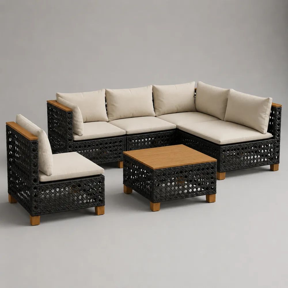 Set salotto da giardino 5 posti in polyrattan PE nero e legno di acacia con cuscini beige, divano angolare 210 x 140 x 65 cm, poltrona 70 x 70 x 65 cm e tavolino 70 x 70 x 35 cm