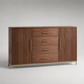 Credenza rettangolare in legno marrone noce con 2 ante, 4 cassetti e base in acciaio, 160 x 40 x 85 cm