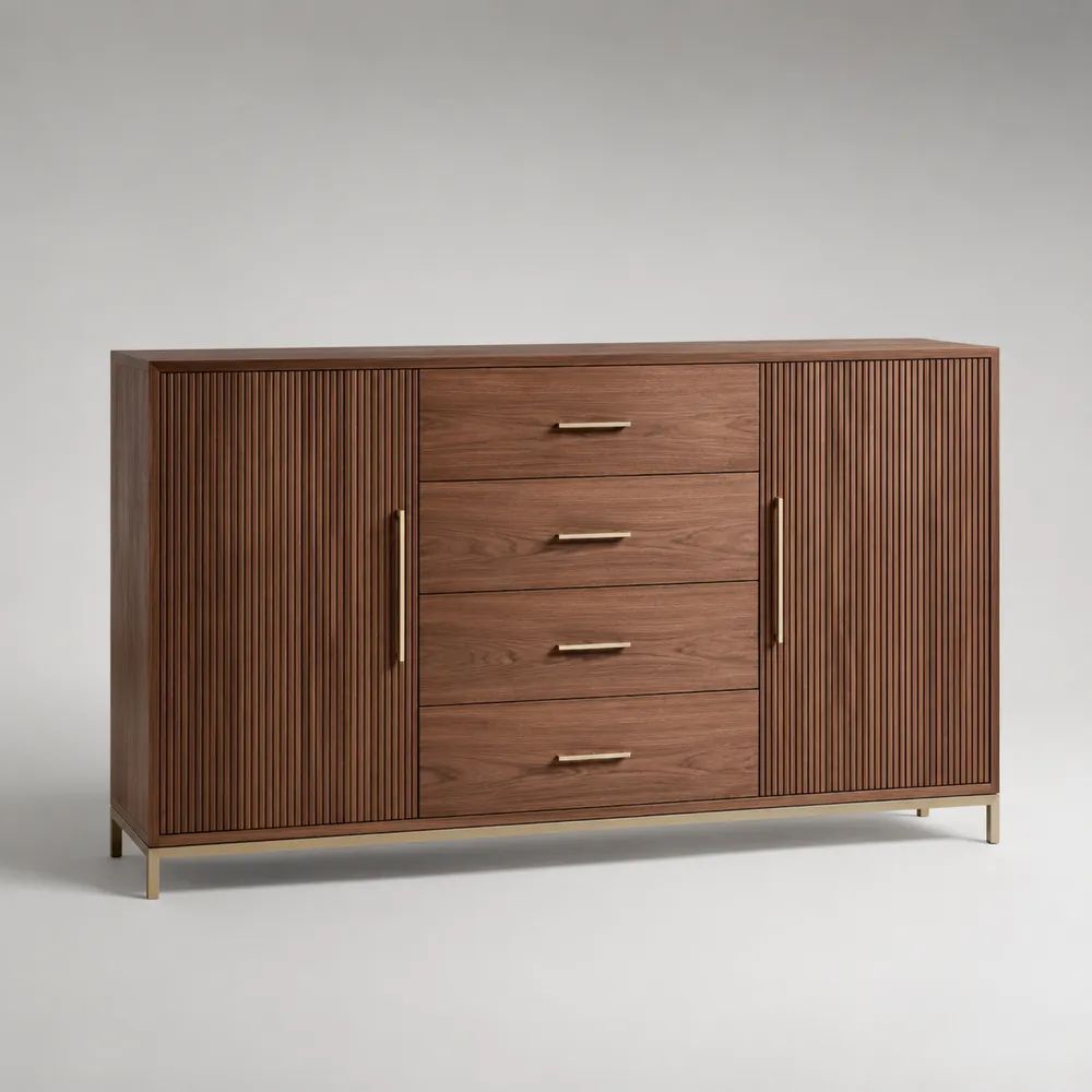 Credenza rettangolare in legno marrone noce con 2 ante, 4 cassetti e base in acciaio, 160 x 40 x 85 cm